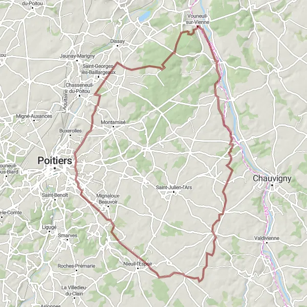 Miniature de la carte de l'inspiration cycliste "Les Chemins de Gravel du Poitou" dans la Poitou-Charentes, France. Générée par le planificateur d'itinéraire cycliste Tarmacs.app
