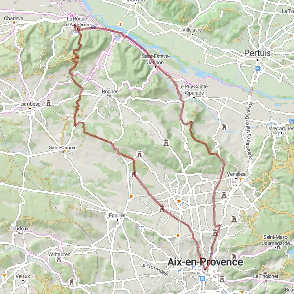 Map miniature of "Gravel Adventure: Along the Vineyards and Bastides" cycling inspiration in Provence-Alpes-Côte d’Azur, France. Generated by Tarmacs.app cycling route planner