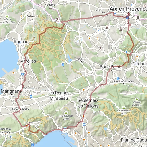 Mapa miniatúra "Gravel okruh cez Bouc-Bel-Air" cyklistická inšpirácia v Provence-Alpes-Côte d’Azur, France. Vygenerované cyklistickým plánovačom trás Tarmacs.app