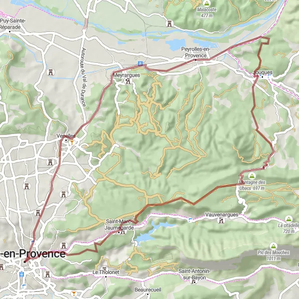 Zemljevid v pomanjšavi "Raziskovanje podeželja okoli Aix-en-Provence" kolesarske inspiracije v Provence-Alpes-Côte d’Azur, France. Generirano z načrtovalcem kolesarskih poti Tarmacs.app