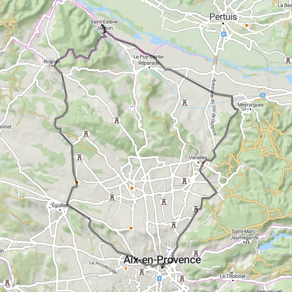 Miniature de la carte de l'inspiration cycliste "Excursion routière à travers la campagne provençale" dans la Provence-Alpes-Côte d’Azur, France. Générée par le planificateur d'itinéraire cycliste Tarmacs.app