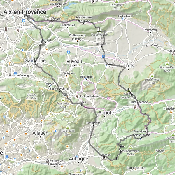 Miniatuurkaart van de fietsinspiratie "Rondrit via Le Tholonet en Pas de Magnan" in Provence-Alpes-Côte d’Azur, France. Gemaakt door de Tarmacs.app fietsrouteplanner