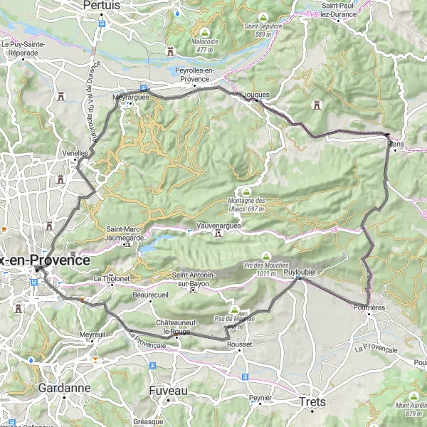 Miniature de la carte de l'inspiration cycliste "Boucle Aix-en-Provence et ses environs" dans la Provence-Alpes-Côte d’Azur, France. Générée par le planificateur d'itinéraire cycliste Tarmacs.app