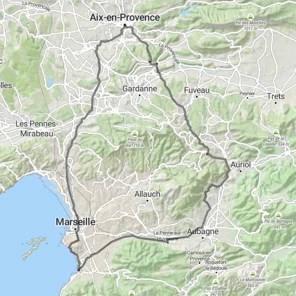 Zemljevid v pomanjšavi "Razgibana pot od Aix-en-Provence do Marseille" kolesarske inspiracije v Provence-Alpes-Côte d’Azur, France. Generirano z načrtovalcem kolesarskih poti Tarmacs.app