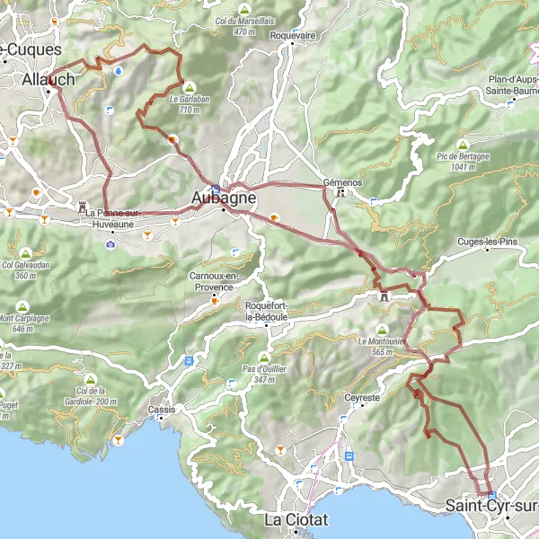 Miniature de la carte de l'inspiration cycliste "Parcours de Gravel autour d'Allauch" dans la Provence-Alpes-Côte d’Azur, France. Générée par le planificateur d'itinéraire cycliste Tarmacs.app