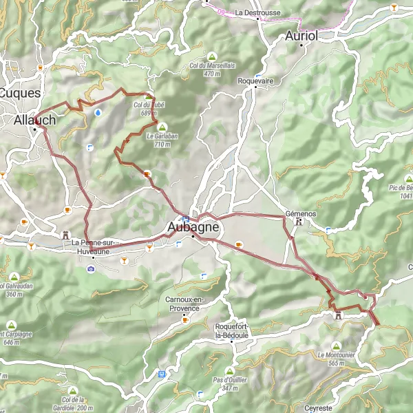 Miniatuurkaart van de fietsinspiratie "Gravelroute naar Pic du Taoumé" in Provence-Alpes-Côte d’Azur, France. Gemaakt door de Tarmacs.app fietsrouteplanner