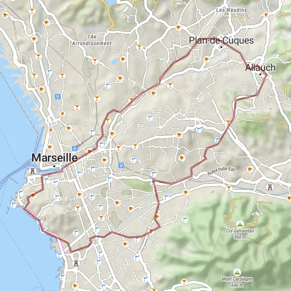 Karten-Miniaturansicht der Radinspiration "Gravel-Tour durch Marseille und Umgebung" in Provence-Alpes-Côte d’Azur, France. Erstellt vom Tarmacs.app-Routenplaner für Radtouren