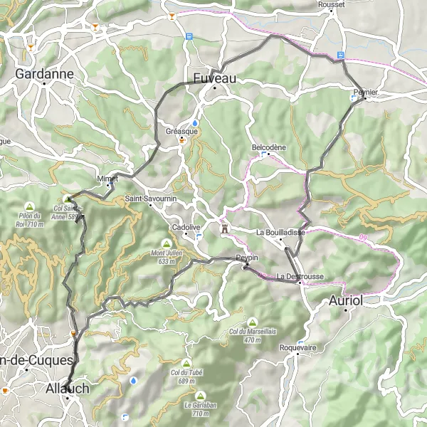 Miniatuurkaart van de fietsinspiratie "Col Sainte-Anne naar Allauch" in Provence-Alpes-Côte d’Azur, France. Gemaakt door de Tarmacs.app fietsrouteplanner