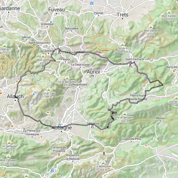 Miniature de la carte de l'inspiration cycliste "Parcours Routier à travers les Collines de Provence" dans la Provence-Alpes-Côte d’Azur, France. Générée par le planificateur d'itinéraire cycliste Tarmacs.app