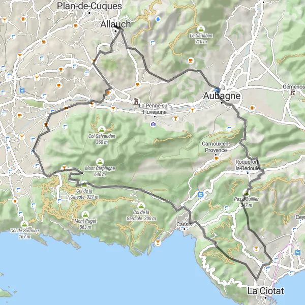 Miniatuurkaart van de fietsinspiratie "Wegroute naar Le Ruissatel" in Provence-Alpes-Côte d’Azur, France. Gemaakt door de Tarmacs.app fietsrouteplanner