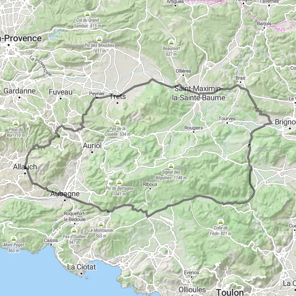 Miniature de la carte de l'inspiration cycliste "De Allauch à Aubagne via Saint-Maximin-la-Sainte-Baume" dans la Provence-Alpes-Côte d’Azur, France. Générée par le planificateur d'itinéraire cycliste Tarmacs.app
