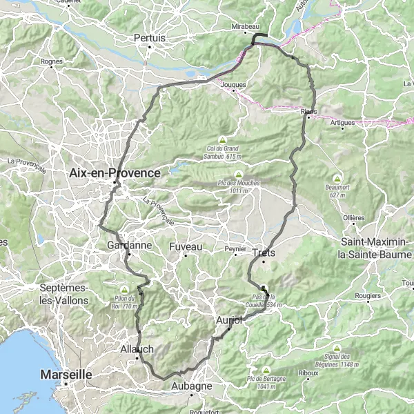 Miniatuurkaart van de fietsinspiratie "Een uitdagende rit door de Provence van Allauch naar Roquevaire" in Provence-Alpes-Côte d’Azur, France. Gemaakt door de Tarmacs.app fietsrouteplanner