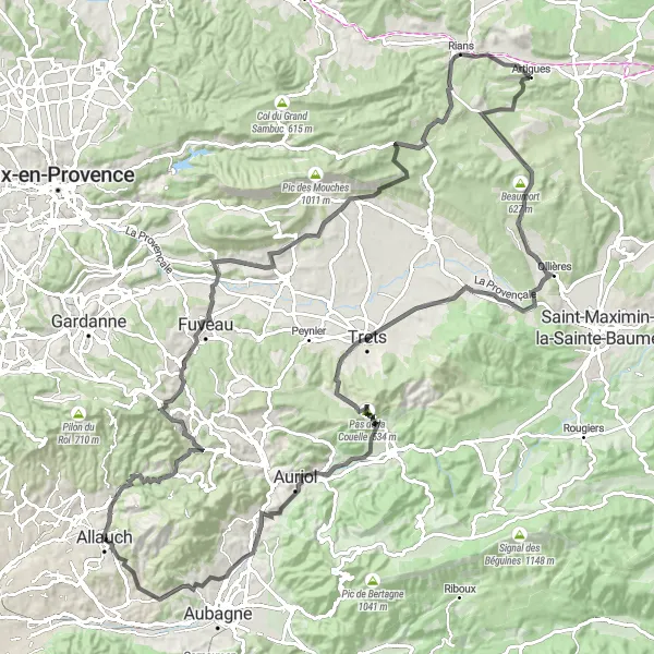 Miniature de la carte de l'inspiration cycliste "Tour du Mont Julien et des villages provençaux" dans la Provence-Alpes-Côte d’Azur, France. Générée par le planificateur d'itinéraire cycliste Tarmacs.app