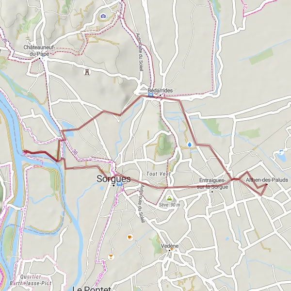 Miniatura mapy "Trasa gravelowa przez Bédarrides i Sorgues" - trasy rowerowej w Provence-Alpes-Côte d’Azur, France. Wygenerowane przez planer tras rowerowych Tarmacs.app