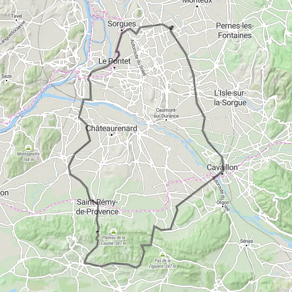 Miniature de la carte de l'inspiration cycliste "Parcours à vélo autour d'Althen-des-Paluds" dans la Provence-Alpes-Côte d’Azur, France. Générée par le planificateur d'itinéraire cycliste Tarmacs.app