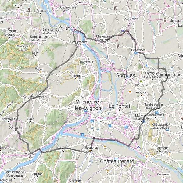 Miniaturní mapa "Okružní cyklistická trasa kolem Althen-des-Paluds" inspirace pro cyklisty v oblasti Provence-Alpes-Côte d’Azur, France. Vytvořeno pomocí plánovače tras Tarmacs.app