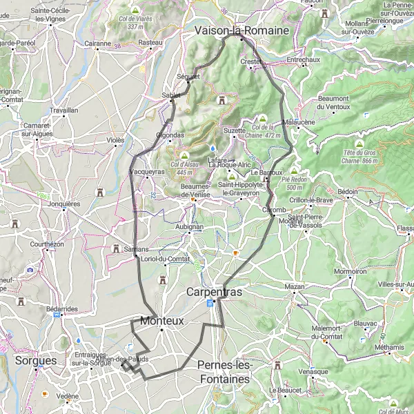 Map miniature of "Discovering Carpentras and Gigondas by Bike" cycling inspiration in Provence-Alpes-Côte d’Azur, France. Generated by Tarmacs.app cycling route planner