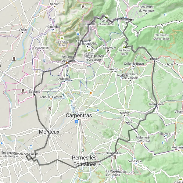 Miniature de la carte de l'inspiration cycliste "Parcours vers Pernes-les-Fontaines" dans la Provence-Alpes-Côte d’Azur, France. Générée par le planificateur d'itinéraire cycliste Tarmacs.app