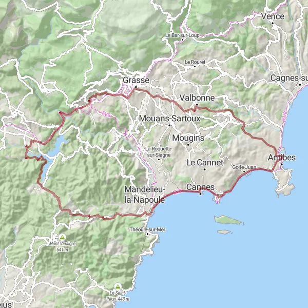 Mapa miniatúra "Gravelová cyklotúra cez prírodné zaujímavosti" cyklistická inšpirácia v Provence-Alpes-Côte d’Azur, France. Vygenerované cyklistickým plánovačom trás Tarmacs.app