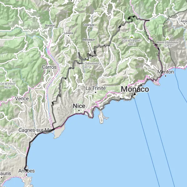 Miniatura mapy "Wyprawa z Antibes do Monte-Carlo" - trasy rowerowej w Provence-Alpes-Côte d’Azur, France. Wygenerowane przez planer tras rowerowych Tarmacs.app