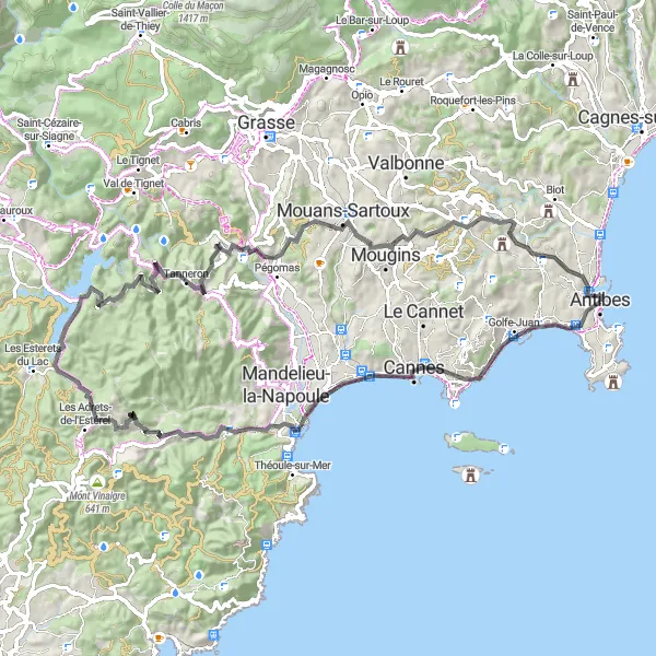 Karttaminiaatyyri "Antibes - Les Adrets-de-l'Estérel - Antibes" pyöräilyinspiraatiosta alueella Provence-Alpes-Côte d’Azur, France. Luotu Tarmacs.app pyöräilyreittisuunnittelijalla