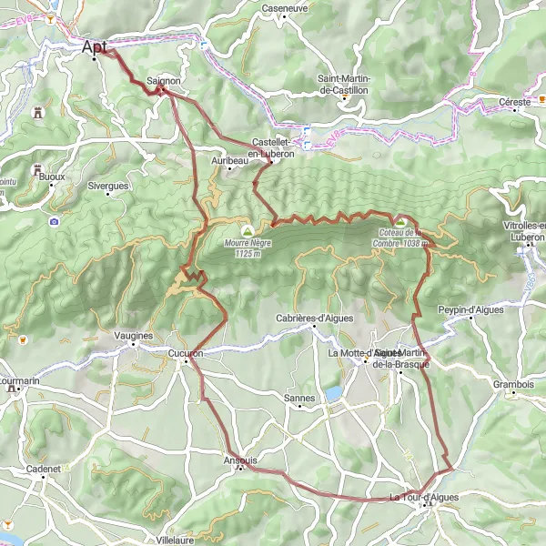 Mapa miniatúra "Gravelová cyklotrasa z Apt do Ansouis" cyklistická inšpirácia v Provence-Alpes-Côte d’Azur, France. Vygenerované cyklistickým plánovačom trás Tarmacs.app