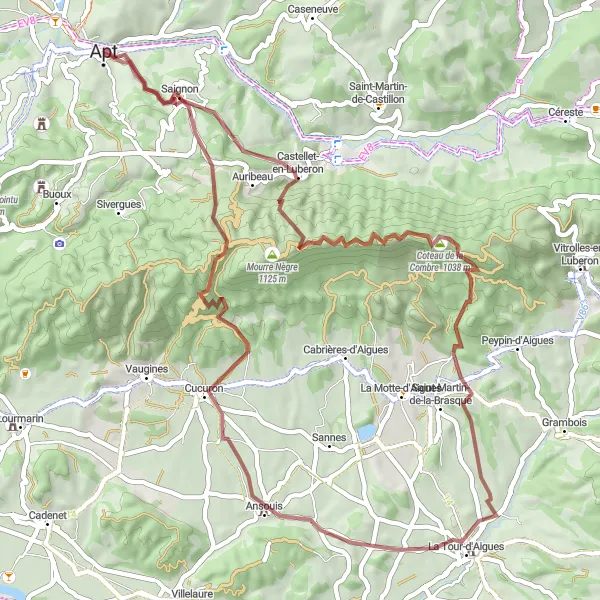 Karttaminiaatyyri "Seikkailu Castellet-en-Luberonista Ansouisiin" pyöräilyinspiraatiosta alueella Provence-Alpes-Côte d’Azur, France. Luotu Tarmacs.app pyöräilyreittisuunnittelijalla