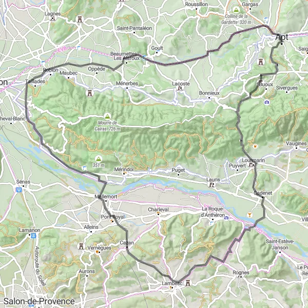 Miniaturní mapa "Road Trasa kolem Aptu" inspirace pro cyklisty v oblasti Provence-Alpes-Côte d’Azur, France. Vytvořeno pomocí plánovače tras Tarmacs.app