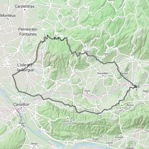 Mapa miniatúra "Cyklotrasa po okolí Apt s náročnými stúpaniami" cyklistická inšpirácia v Provence-Alpes-Côte d’Azur, France. Vygenerované cyklistickým plánovačom trás Tarmacs.app