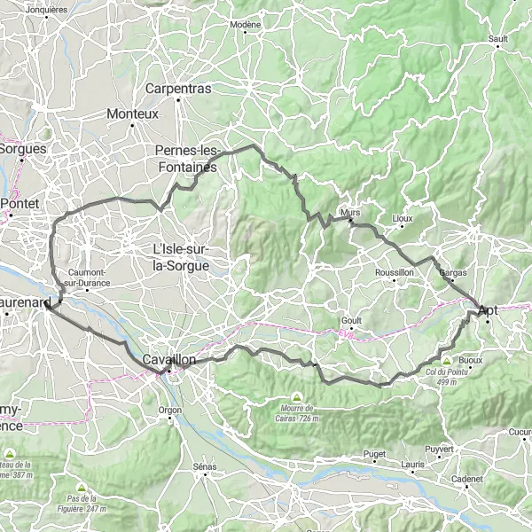 Mapa miniatúra "Náročná cyklotrasa cez Bonnieux a Velleron" cyklistická inšpirácia v Provence-Alpes-Côte d’Azur, France. Vygenerované cyklistickým plánovačom trás Tarmacs.app