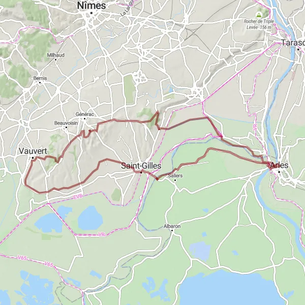 Mapa miniatúra "Gravelová cesta cez Fourques" cyklistická inšpirácia v Provence-Alpes-Côte d’Azur, France. Vygenerované cyklistickým plánovačom trás Tarmacs.app