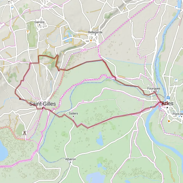 Mapa miniatúra "Gravel Route through Les Alpilles" cyklistická inšpirácia v Provence-Alpes-Côte d’Azur, France. Vygenerované cyklistickým plánovačom trás Tarmacs.app
