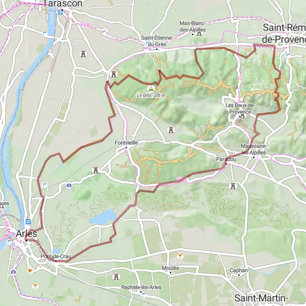 Kartminiatyr av "Utmanande terräng runt Les Alpilles" cykelinspiration i Provence-Alpes-Côte d’Azur, France. Genererad av Tarmacs.app cykelruttplanerare