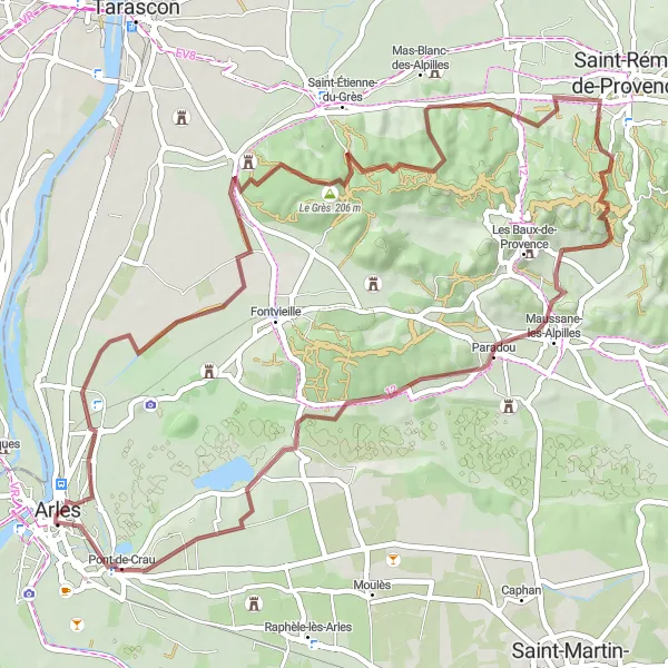 Map miniature of "Les Alpilles Gravel Escape" cycling inspiration in Provence-Alpes-Côte d’Azur, France. Generated by Tarmacs.app cycling route planner