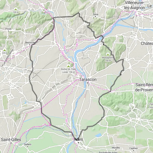 Mapa miniatúra "Cesta okolo Arles cez Bellegarde a Domazan" cyklistická inšpirácia v Provence-Alpes-Côte d’Azur, France. Vygenerované cyklistickým plánovačom trás Tarmacs.app