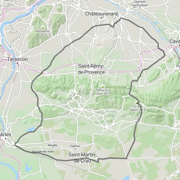 Kartminiatyr av "Veien til Raphèle-lès-Arles" sykkelinspirasjon i Provence-Alpes-Côte d’Azur, France. Generert av Tarmacs.app sykkelrutoplanlegger