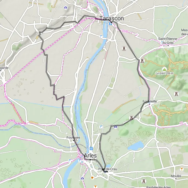Kartminiatyr av "Cykling i Arles och Montagne des Cordes" cykelinspiration i Provence-Alpes-Côte d’Azur, France. Genererad av Tarmacs.app cykelruttplanerare