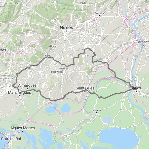 Map miniature of "Aigues-Mortes and Les Alpilles Circuit" cycling inspiration in Provence-Alpes-Côte d’Azur, France. Generated by Tarmacs.app cycling route planner