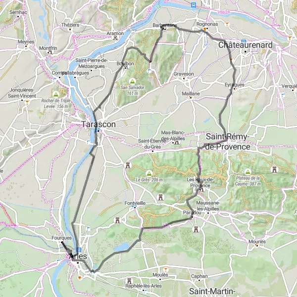 Map miniature of "The Fourques to Les Baux-de-Provence Road Tour" cycling inspiration in Provence-Alpes-Côte d’Azur, France. Generated by Tarmacs.app cycling route planner
