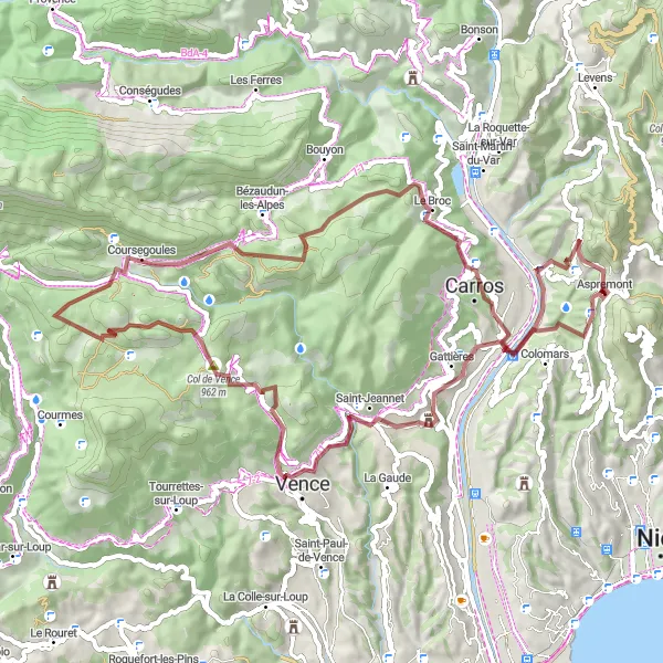 Map miniature of "Gravel Adventure: Aspremont to Le Broc" cycling inspiration in Provence-Alpes-Côte d’Azur, France. Generated by Tarmacs.app cycling route planner