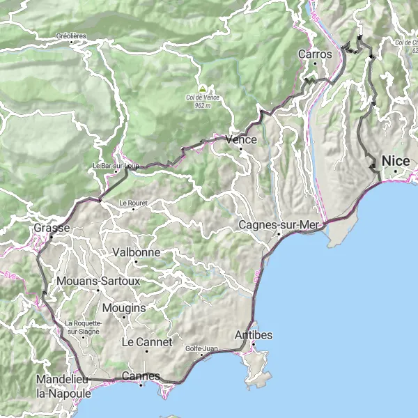Map miniature of "Aspremont to Antibes Loop" cycling inspiration in Provence-Alpes-Côte d’Azur, France. Generated by Tarmacs.app cycling route planner