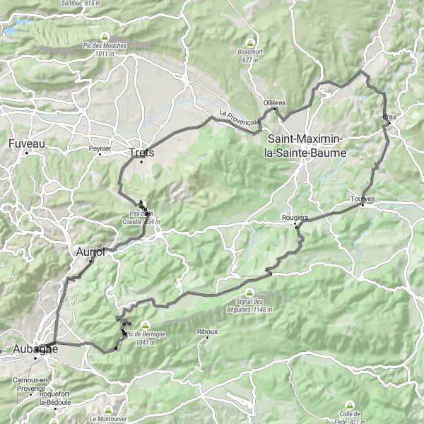 Miniature de la carte de l'inspiration cycliste "Tour cycliste Aubagne - Dents de Roque Forcade" dans la Provence-Alpes-Côte d’Azur, France. Générée par le planificateur d'itinéraire cycliste Tarmacs.app