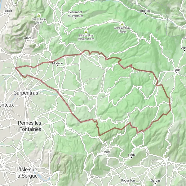 Mapa miniatúra "Gravel Route to Monieux" cyklistická inšpirácia v Provence-Alpes-Côte d’Azur, France. Vygenerované cyklistickým plánovačom trás Tarmacs.app
