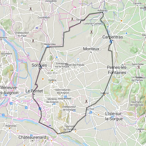 Miniature de la carte de l'inspiration cycliste "Tour des Dentelles de Montmirail en Route" dans la Provence-Alpes-Côte d’Azur, France. Générée par le planificateur d'itinéraire cycliste Tarmacs.app