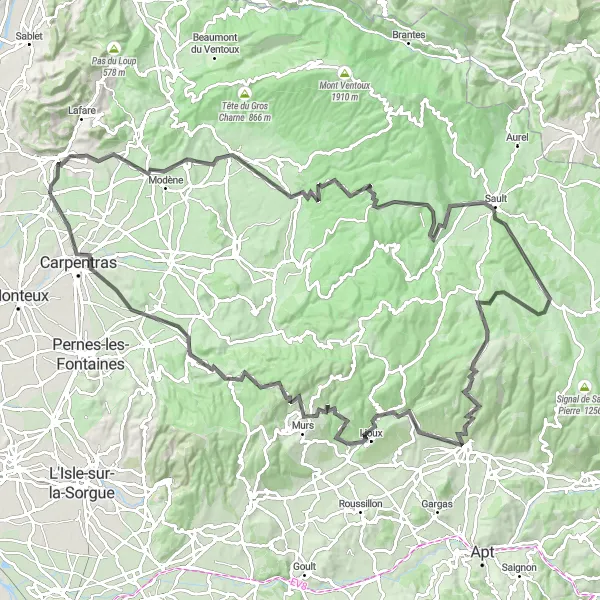 Miniatua del mapa de inspiración ciclista "Gran Ruta de Ciclismo por Bédoin y Venasque" en Provence-Alpes-Côte d’Azur, France. Generado por Tarmacs.app planificador de rutas ciclistas