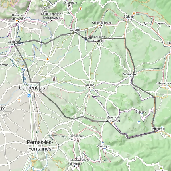 Map miniature of "Carpentras Ride" cycling inspiration in Provence-Alpes-Côte d’Azur, France. Generated by Tarmacs.app cycling route planner
