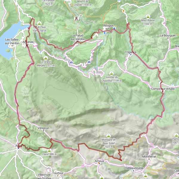 Miniatuurkaart van de fietsinspiratie "Uitdagende gravelroute van 113 km rond Aups" in Provence-Alpes-Côte d’Azur, France. Gemaakt door de Tarmacs.app fietsrouteplanner