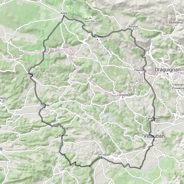 Miniatuurkaart van de fietsinspiratie "Roadroute van 109 km rond Aups" in Provence-Alpes-Côte d’Azur, France. Gemaakt door de Tarmacs.app fietsrouteplanner