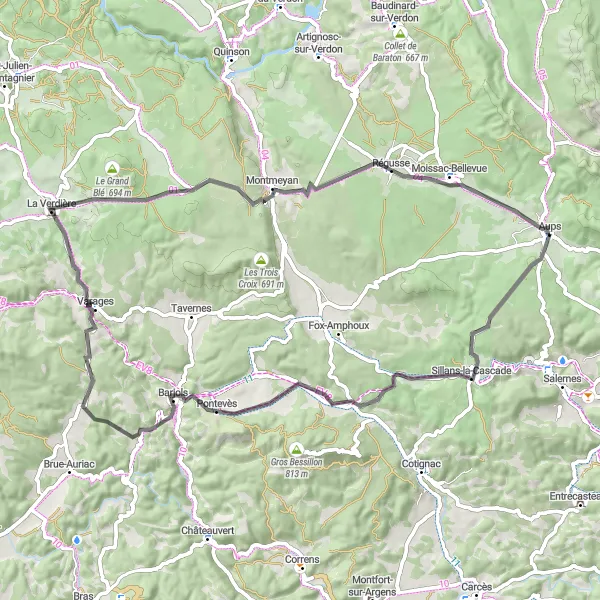 Zemljevid v pomanjšavi "Udobno kolesarjenje v okolici Aupsa" kolesarske inspiracije v Provence-Alpes-Côte d’Azur, France. Generirano z načrtovalcem kolesarskih poti Tarmacs.app