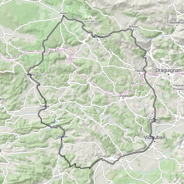 Zemljevid v pomanjšavi "Pot od Aups do Aups preko Carcèsa" kolesarske inspiracije v Provence-Alpes-Côte d’Azur, France. Generirano z načrtovalcem kolesarskih poti Tarmacs.app